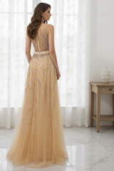 A-Line Sleeveless Round Beaded Decoration Floor-Length Prom Dress