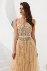 A-Line Sleeveless Round Beaded Decoration Floor-Length Prom Dress