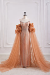Bateau Strapless Tulle Beaded Party Prom Dress With Detachable Sleeves