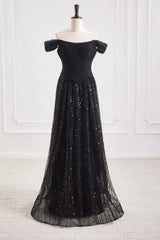 Black Bateau Off-Shoulder Two Tone A-Line Party Prom Dress