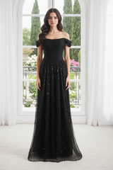 Black Bateau Off-Shoulder Two Tone A-Line Party Prom Dress