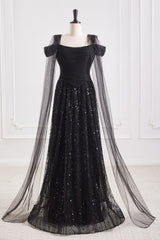 Black Bateau Off-Shoulder Two Tone A-Line Party Prom Dress