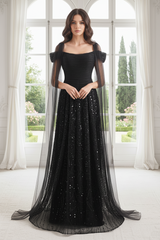 Black Bateau Off-Shoulder Two Tone A-Line Party Prom Dress
