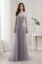 Classic Round Long Sleeves Beaded Mermaid Party Prom Dress