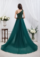 Elegant Asymmetrical Blouson Empire Beaded Prom Dress With Train