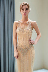 Elegant Champagne Round Sleeveless Beaded Mermaid Prom Dress