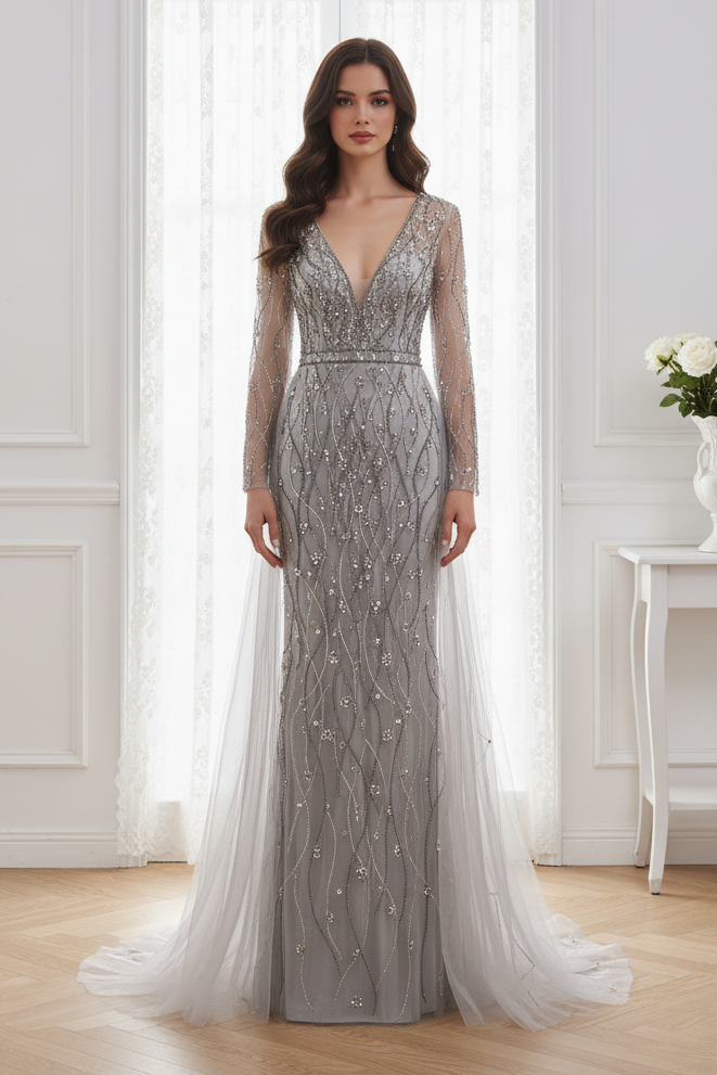 Elegant V-Neck Long Sleeves Empire Beaded Prom Dress With Train