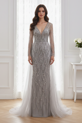 Elegant V-Neck Long Sleeves Empire Beaded Prom Dress With Train