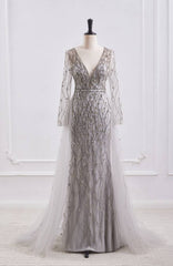 Elegant V-Neck Long Sleeves Empire Beaded Prom Dress With Train