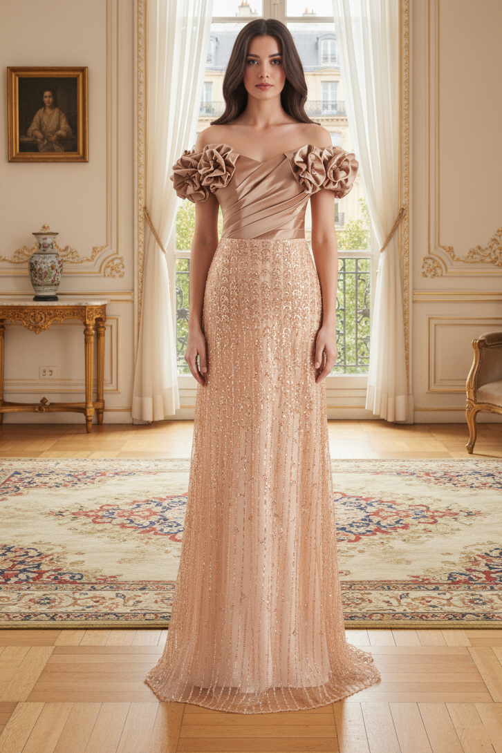 Floral Off-Shoulder A-Line Empire Two Tone Party Prom Dress