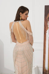 High Neck Off-Shoulder Sheer Back Beaded Tassels Long Prom Dress