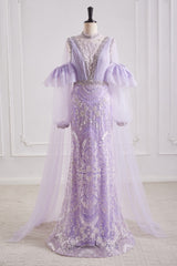 Lilac Mermaid High Neck Long Sleeves Beaded Party Prom Dress