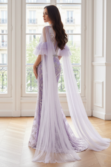 Lilac Mermaid High Neck Long Sleeves Beaded Party Prom Dress