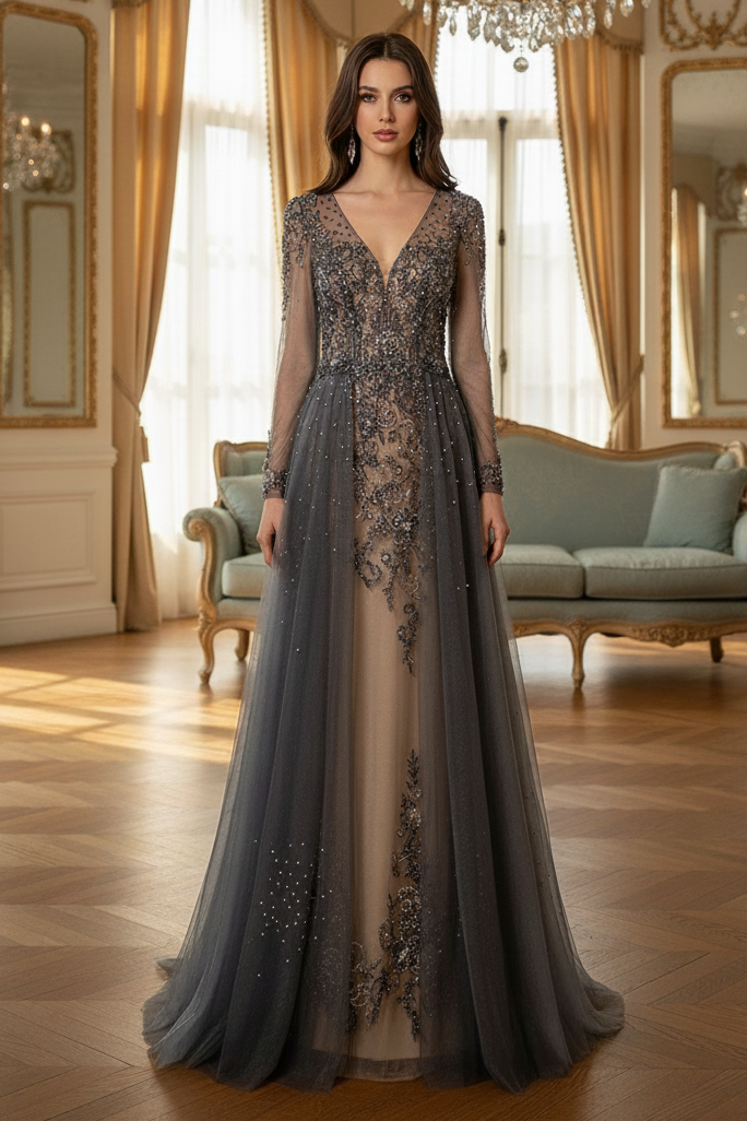 Low V-Neck Long Sleeves Illusion Back Formal Beaded Prom Gown