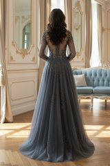 Low V-Neck Long Sleeves Illusion Back Formal Beaded Prom Gown