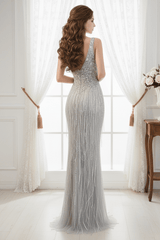 Low V-Neck Open Back Empire Beaded Tassels Floor-Leength Prom Dress