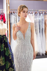 Low V-Neck Open Back Empire Beaded Tassels Floor-Leength Prom Dress