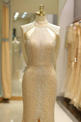 Mermaid Empire High Neck Fully Beaded Embroidery Prom Dress With Slit