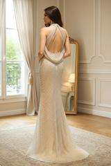 Mermaid Empire High Neck Fully Beaded Embroidery Prom Dress With Slit