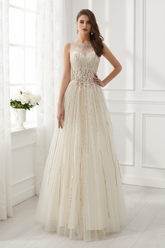 Modest Tulle A-Line Scoop Sleeveless Beaded Party Prom Dress