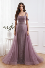 Omate Bateau Sleeveless Beaded Prom Dress With Tulle Train