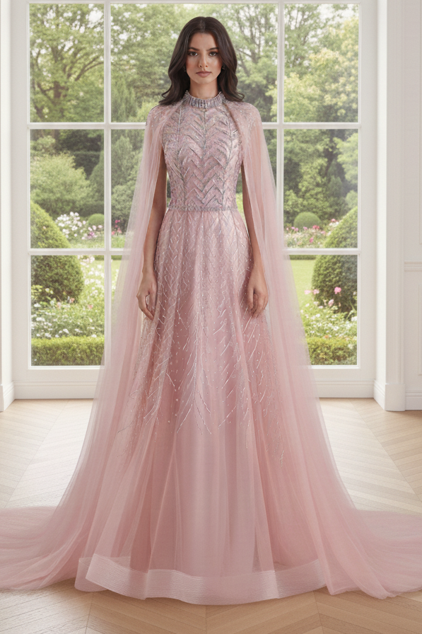 Pink High Neck Empire A-Line Party Prom Dress With Train