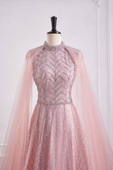 Pink High Neck Empire A-Line Party Prom Dress With Train