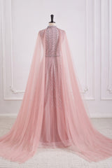 Pink High Neck Empire A-Line Party Prom Dress With Train