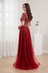Red A-Line V-Neck Short Sleeves Beaded Party Prom Dress