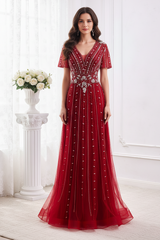 Red A-Line V-Neck Short Sleeves Beaded Party Prom Dress