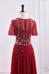 Red A-Line V-Neck Short Sleeves Beaded Party Prom Dress