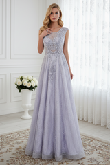Round Sleeveless A-Line Tulle Prom Dress With Beaded Appliques