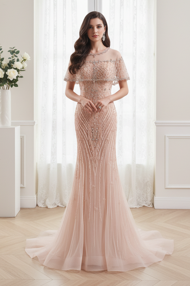 Round Sleeveless Fully Beaded Mermaid Formal Prom Dress