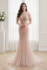 Round Sleeveless Fully Beaded Mermaid Formal Prom Dress