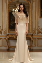 Satin Mermaid Scoop Sheer Beaded Cape Long Prom Dress