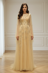 Scoop Long Sleeves Backless A-Line Beaded Sheer Prom Gown