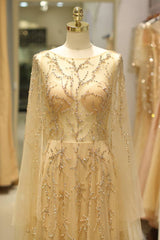 Scoop Long Sleeves Backless A-Line Beaded Sheer Prom Gown