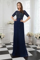 Scoop Short Sleeves Beaded Lace Party Prom Dress