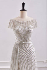 Scoop Short Sleeves Empire A-Line Beaded Prom Dress With Slit