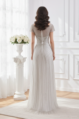 Scoop Short Sleeves Empire A-Line Beaded Prom Dress With Slit