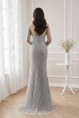 High Neck Long Sleeves Fully Beaded Mermaid Party Prom Dress