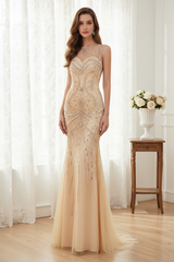 Sparkly Beaded Empire Round Sleeveless Mermaid Prom Dress