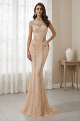 Sparkly Jewels Decoration High Neck Illusion Empire Formal Prom Gown