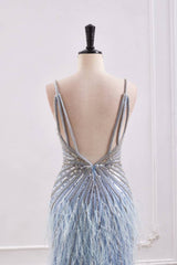 Sparkly V-Neck Backless Mermaid Prom Dress With Beaded And Feathers