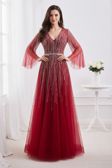 Tulle A-Line V-Neck Empire Beaded Embellished Floor-Length Party Prom Dress