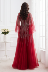 Tulle A-Line V-Neck Empire Beaded Embellished Floor-Length Party Prom Dress