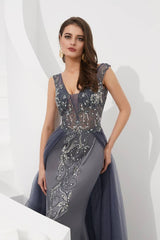 V-Neck Backless Beaded Appliques Formal Prom Dress With Train