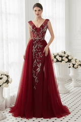V-Neck Backless Beaded Appliques Formal Prom Dress With Train