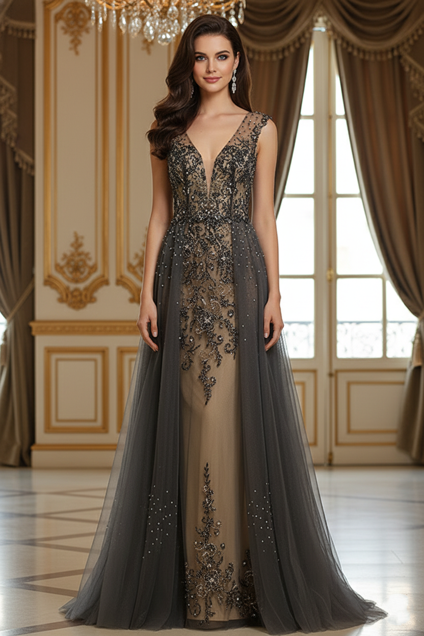 V-Neck Sleeveless Open Back Beaded Floor-Length Party Prom Dress