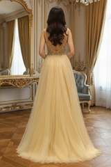 V-Neck Sleeveless Open Back Beaded Floor-Length Party Prom Dress